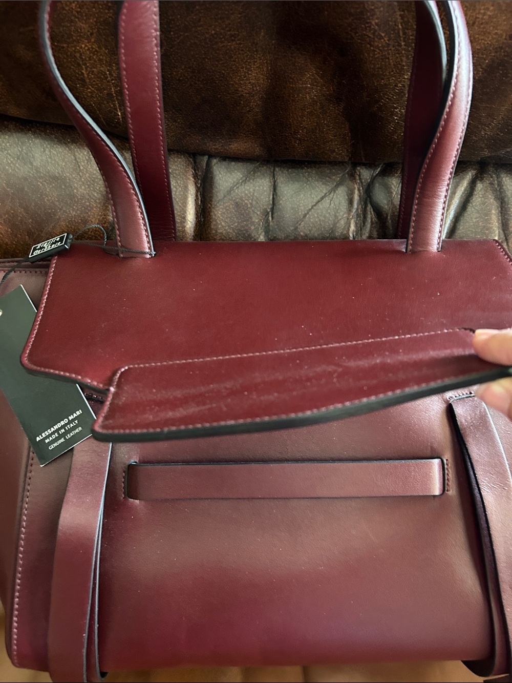 Women's Merlot genuine Leather Tote Handbag with Front Flap - Picture 4 of 8